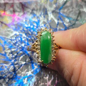 Jade Oval Ring with Diamond Halo | 14K Gold Tested | Size 5.5